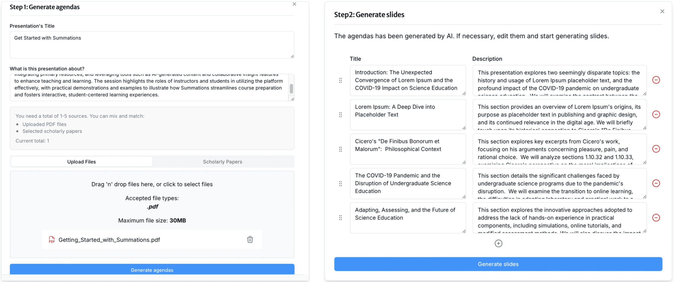 Generate custom lecture slides from textbooks or primary sources